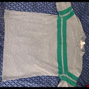 Grey with green stripped shirt